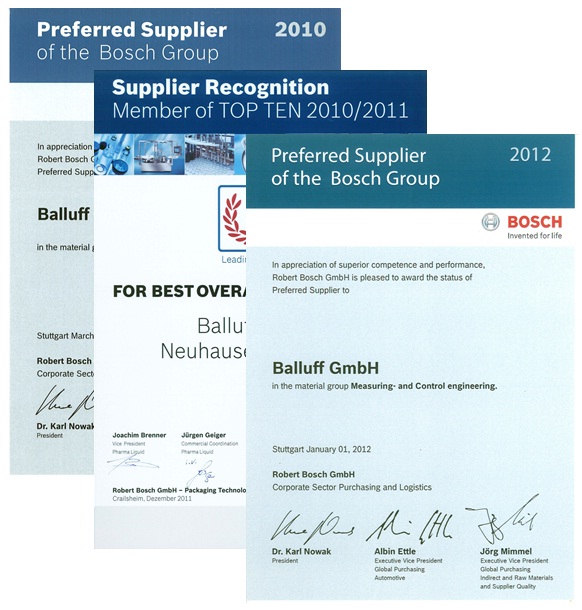 A Balluff recebe o terceiro reconhecimento da Bosch